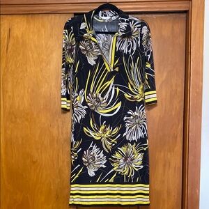 Mlle Gabrielle Yellow Gray Floral & Stripes Sheath Dress Collared 3/4 Sleeves- S